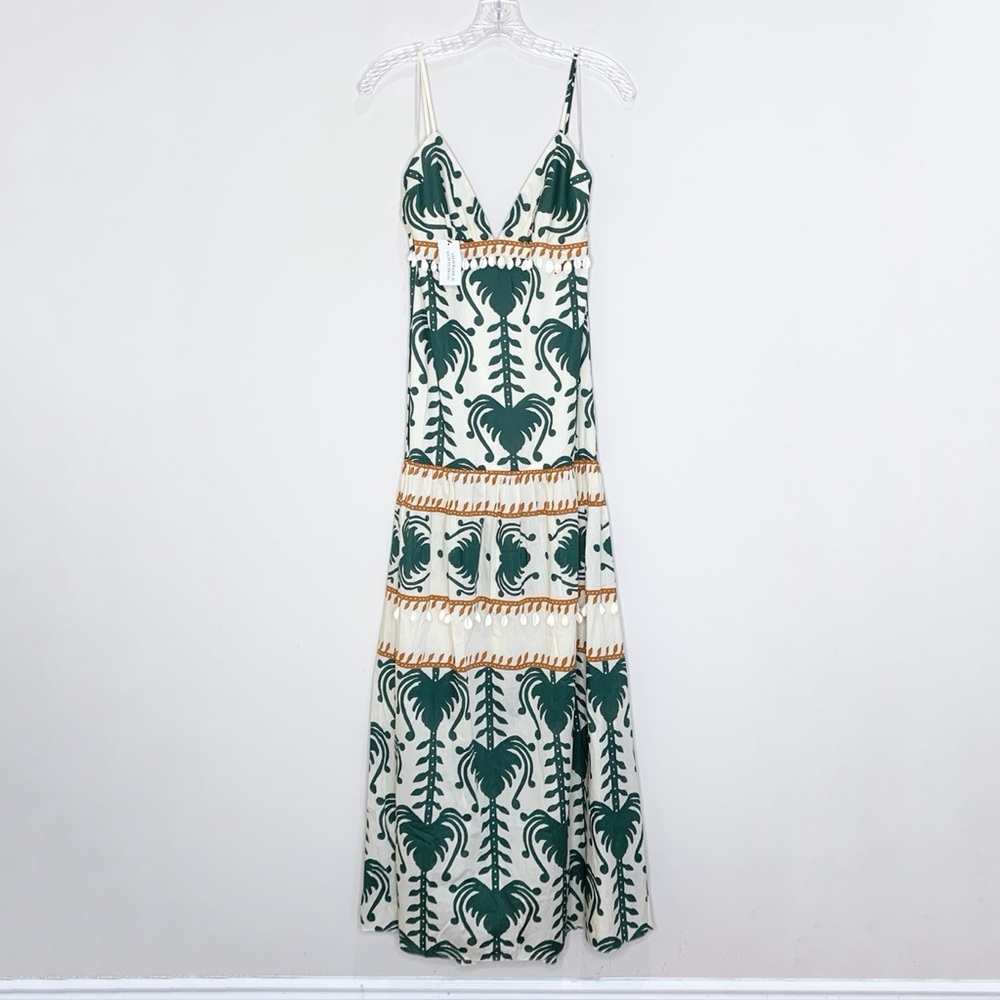 NEW Johanna Ortiz Keeper Maxi Dress (Sz 2) Shell Trim Cotton Poplin Ecru Green - Picture 7 of 16